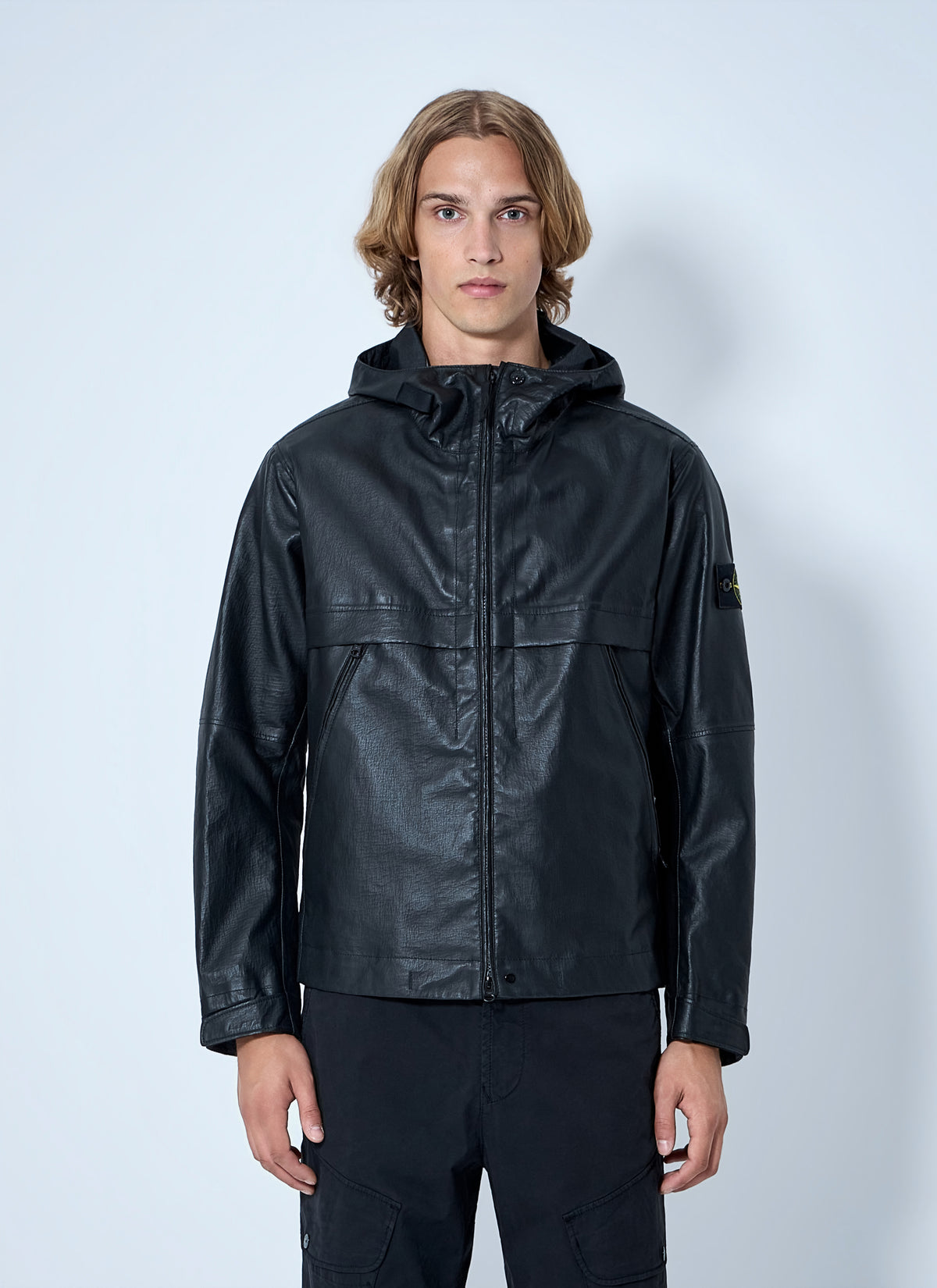 Stone Island Men Hooded Leather Jacket