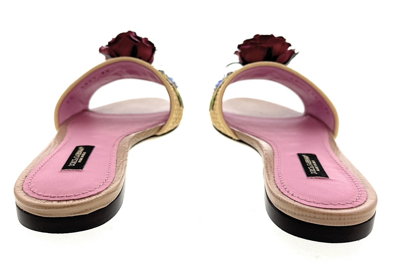 Dolce & Gabbana Beige Rafia Floral Embellished Slippers-36