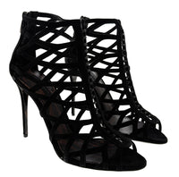 Dolce & Gabbana Black Calfskin Stiletto Sandal Bootie – Open-Toe Strappy Heels-35