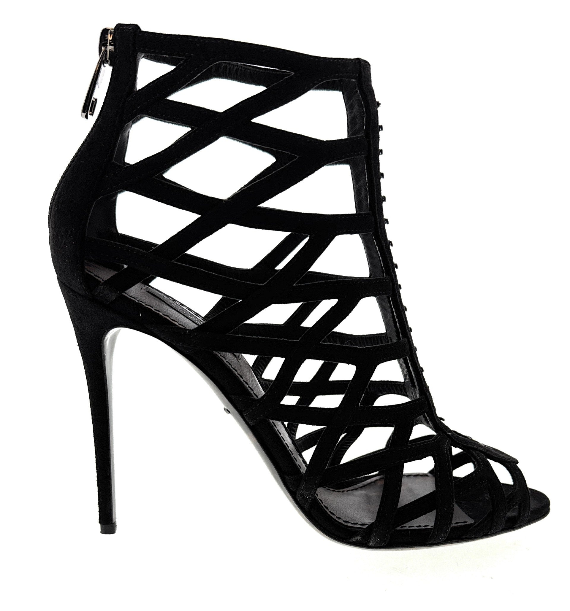 Dolce & Gabbana Black Calfskin Stiletto Sandal Bootie – Open-Toe Strappy Heels-35