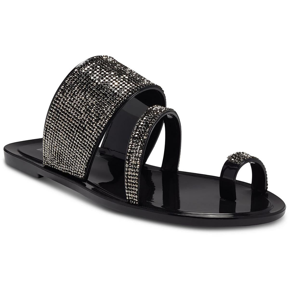 Gianolo Womens Rhinestone Flat Sandals Black Crystal