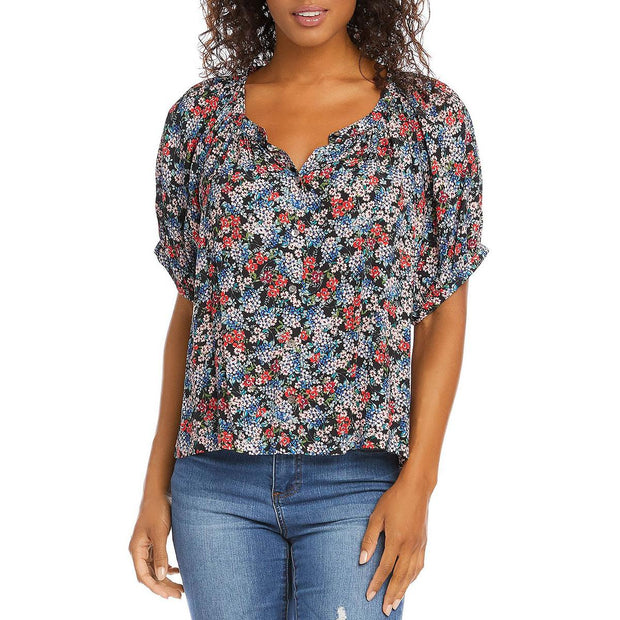 Womens V Neck Peasant Button-Down Top