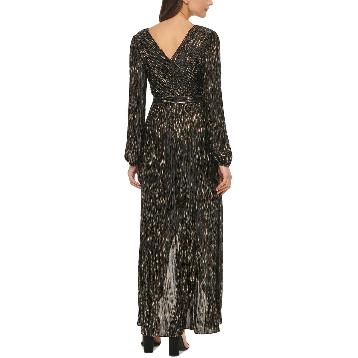Womens Metallic Faux Wrap Maxi Dress