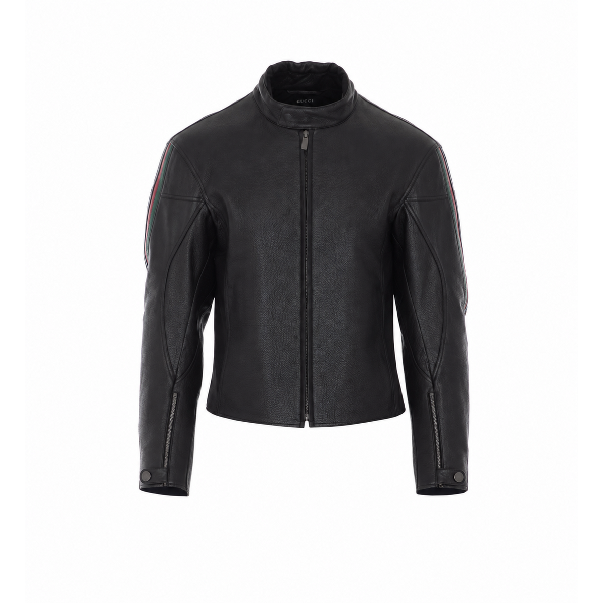 Gucci Men Web Detail Leather Biker Jacket