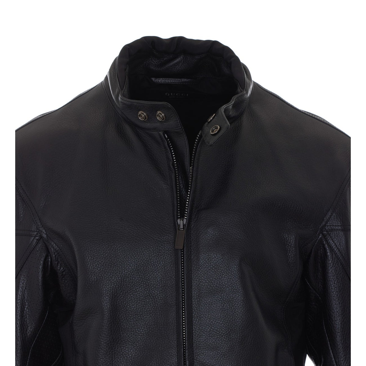 Gucci Men Web Detail Leather Biker Jacket