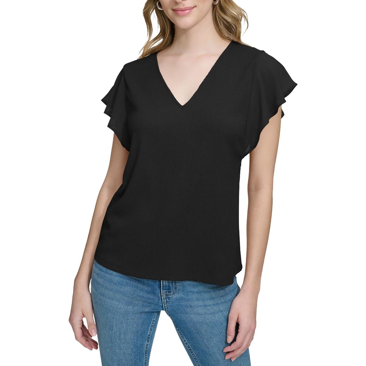Womens Chiffon Trim V Neck Blouse