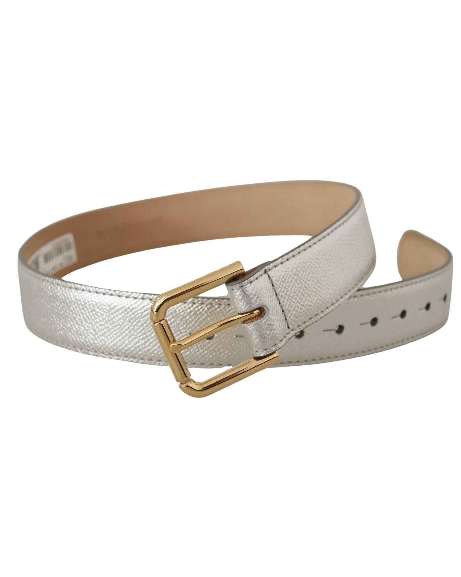 Dolce & Gabbana  Silver Leather Belt with Gold Buckle
