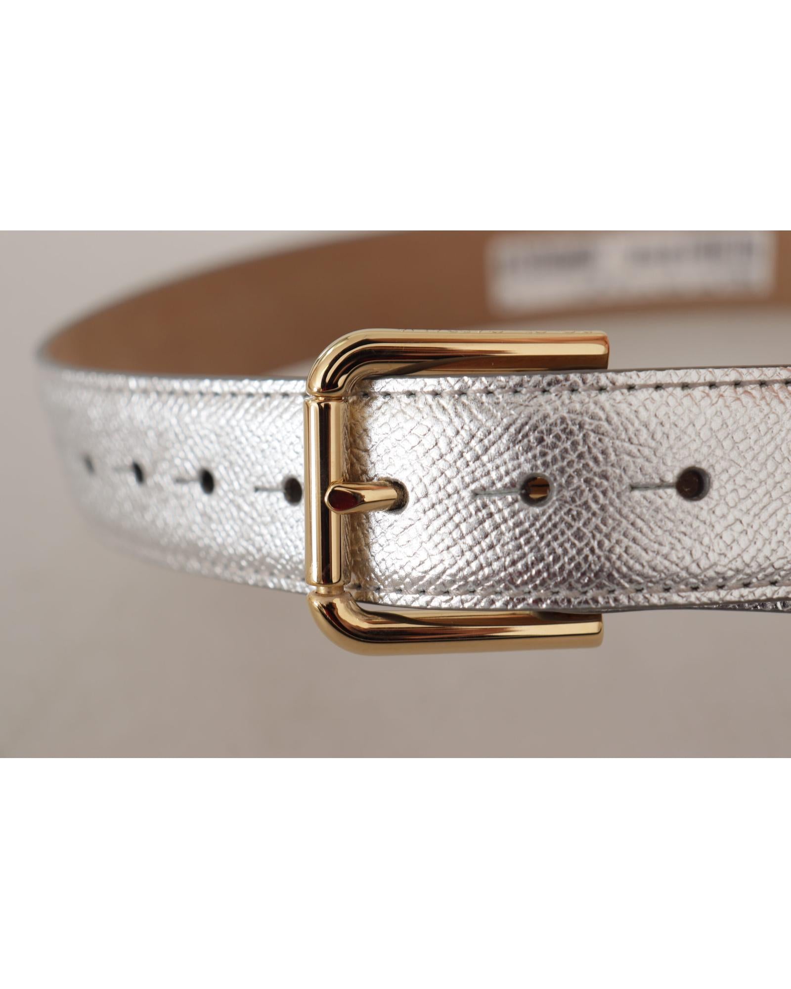 Dolce & Gabbana  Silver Leather Belt with Gold Buckle