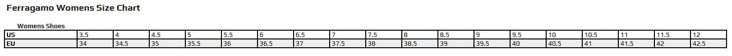 Ferragamo women's size chart with measurements in centimeters and inches.