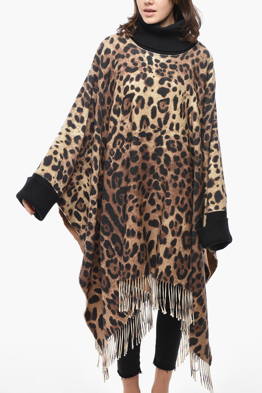 Dolce & Gabbana Wool-Blend Poncho with Animalier Pattern and Cuffs