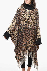 Dolce & Gabbana Wool-Blend Poncho with Animalier Pattern and Cuffs