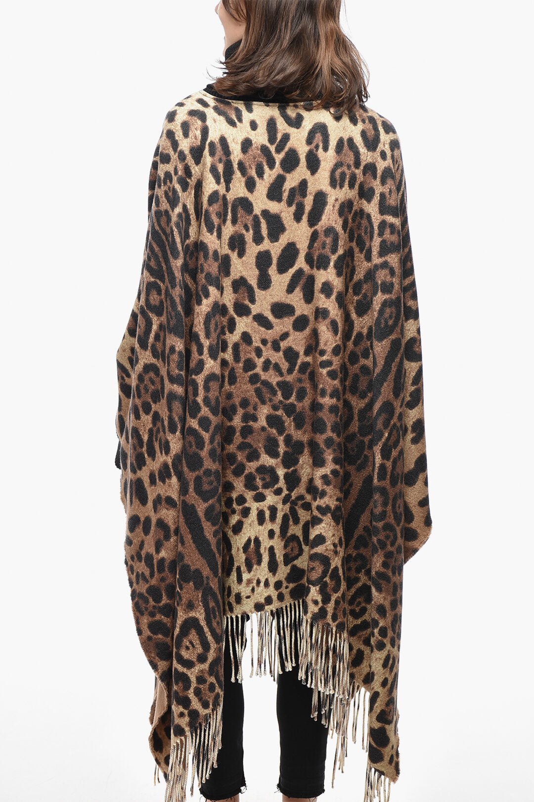 Dolce & Gabbana Wool-Blend Poncho with Animalier Pattern and Cuffs