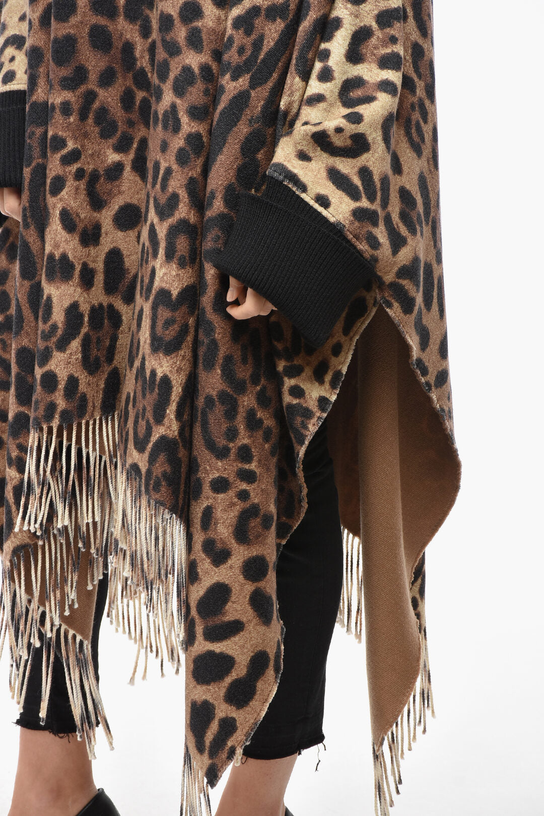 Dolce & Gabbana Wool-Blend Poncho with Animalier Pattern and Cuffs