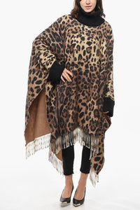 Dolce & Gabbana Wool-Blend Poncho with Animalier Pattern and Cuffs