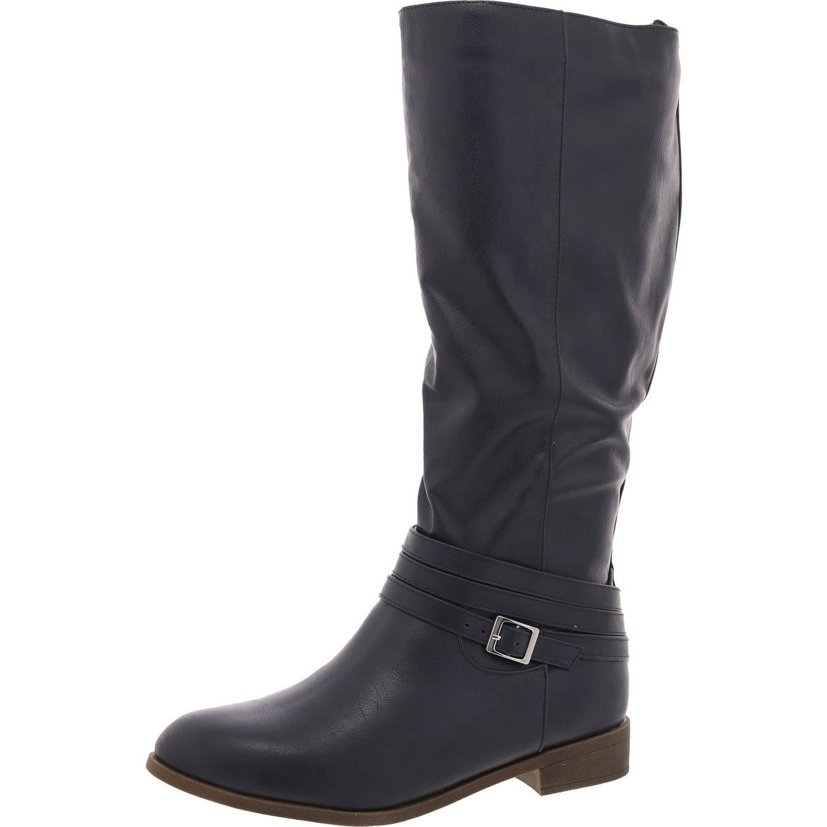 Womens Buckle Faux Leather Knee-High Boots