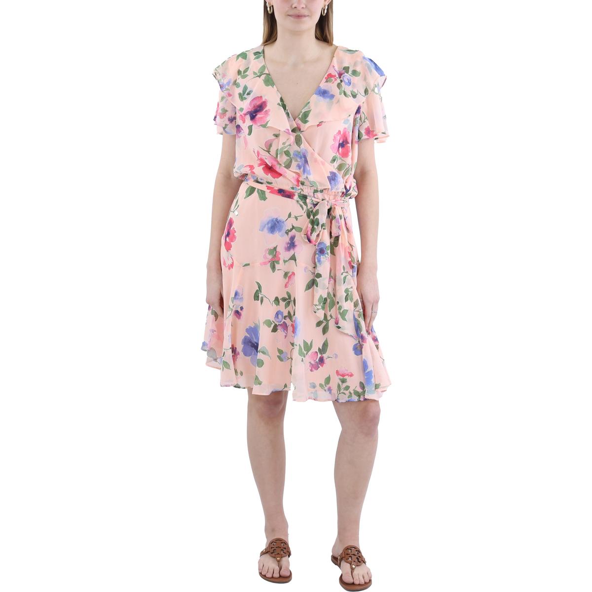 Womens Chiffon Floral Print Fit & Flare Dress Regular 14 (L) Pink Multi