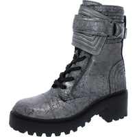 Basia Womens Metallic Leather Combat & Lace-up Boots Dark Gunmetal