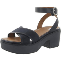 Pilar Crossover Womens Leather Canvas Block Heel Midnight Navy