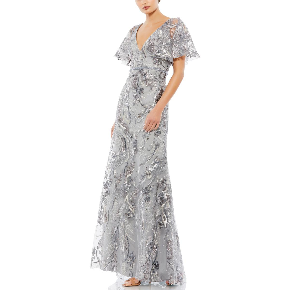 Womens Embroidered Mesh Evening Dress