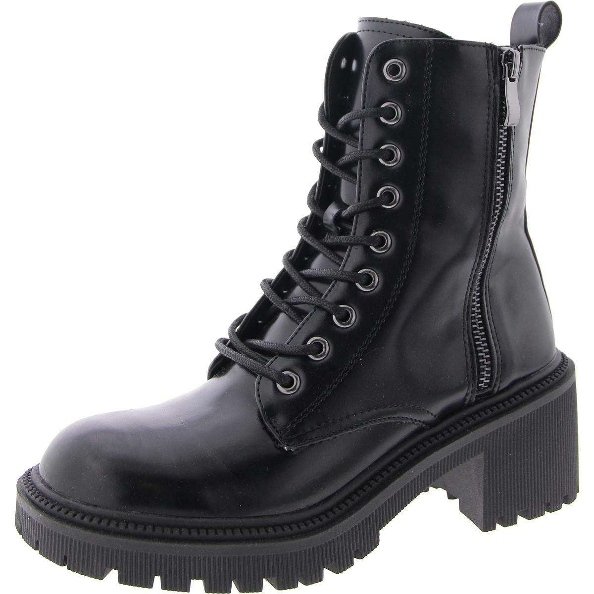 Canny Womens Leather Block Heel Combat & Lace-Up Boots