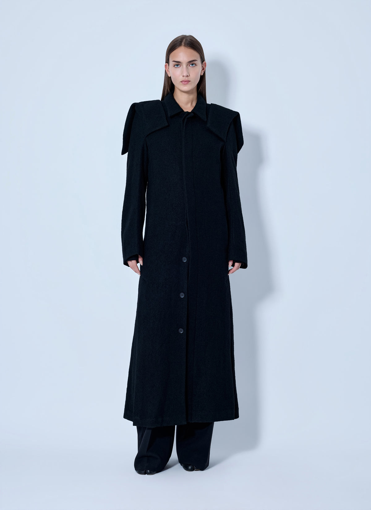 Yohji Yamamoto Women Shrink Serge Paneled Shoulder Long Coat