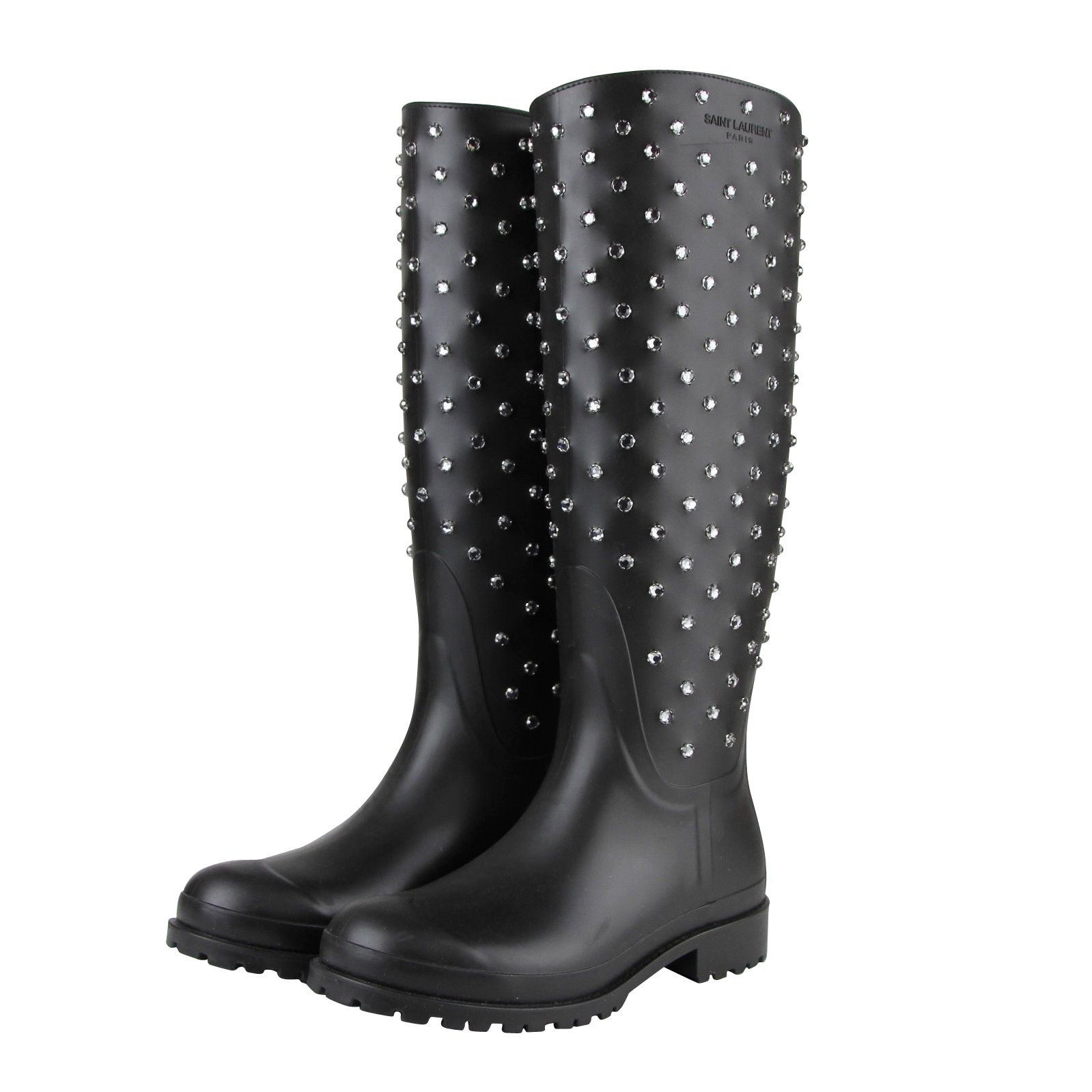 Saint Laurent Women's Black Rubber Women Rain Boots With Crystal Studs (36 EU / 6 US)