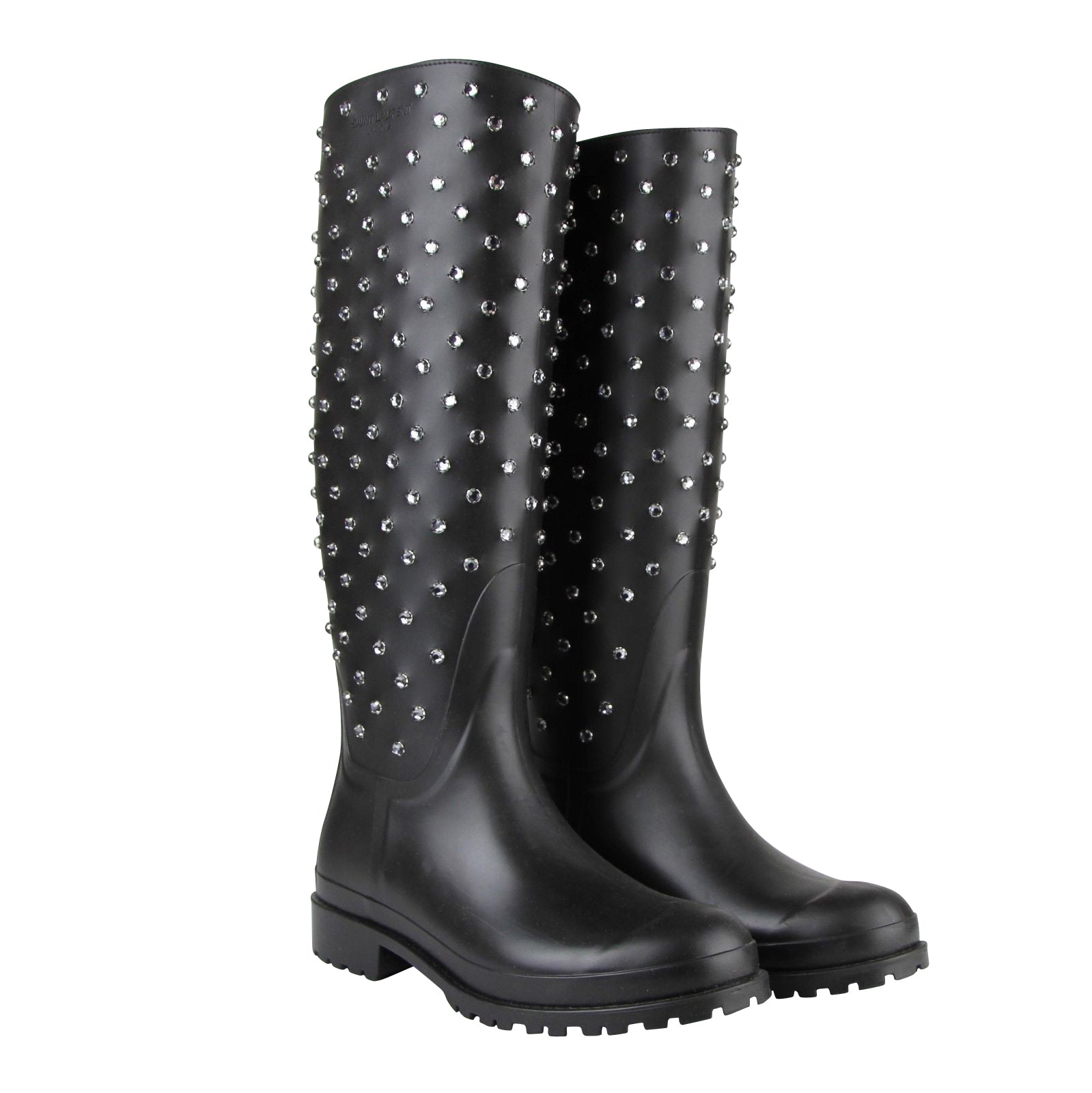 Saint Laurent Women's Black Rubber Women Rain Boots With Crystal Studs (36 EU / 6 US)
