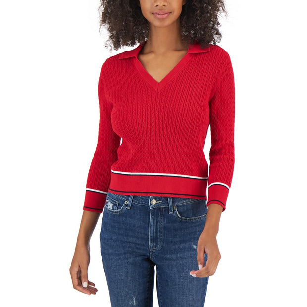 Womens Cable Knit Collared V-Neck Sweater