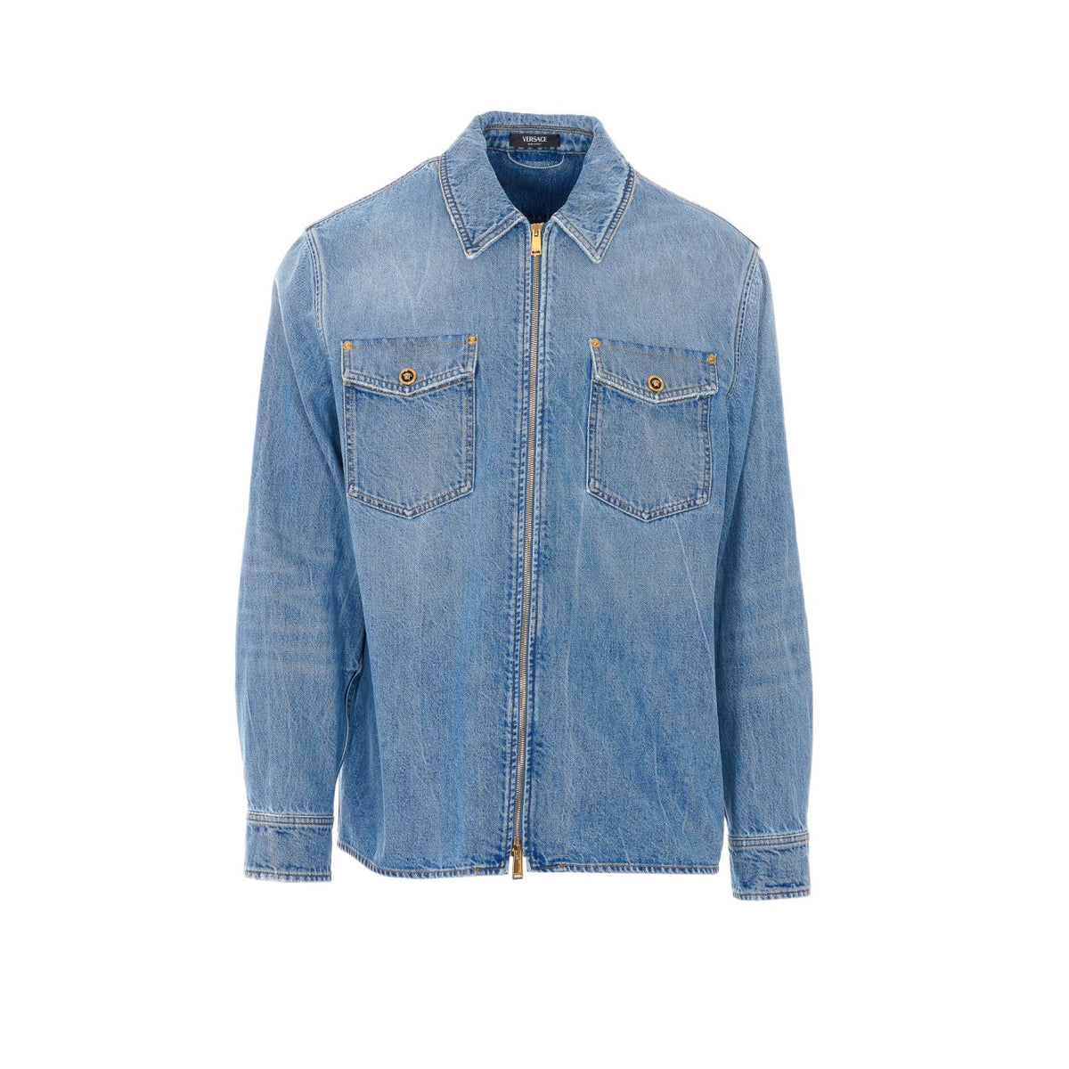 Versace Men Zipped Denim Shirt With Medusa Buttons