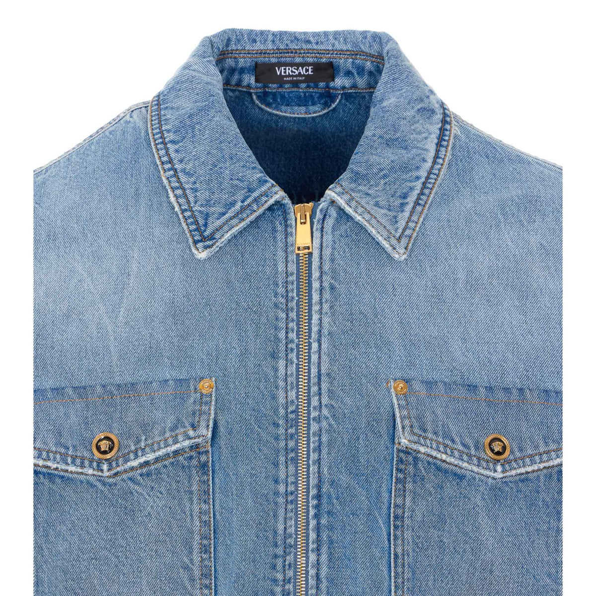 Versace Men Zipped Denim Shirt With Medusa Buttons