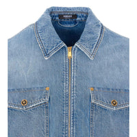 Versace Men Zipped Denim Shirt With Medusa Buttons