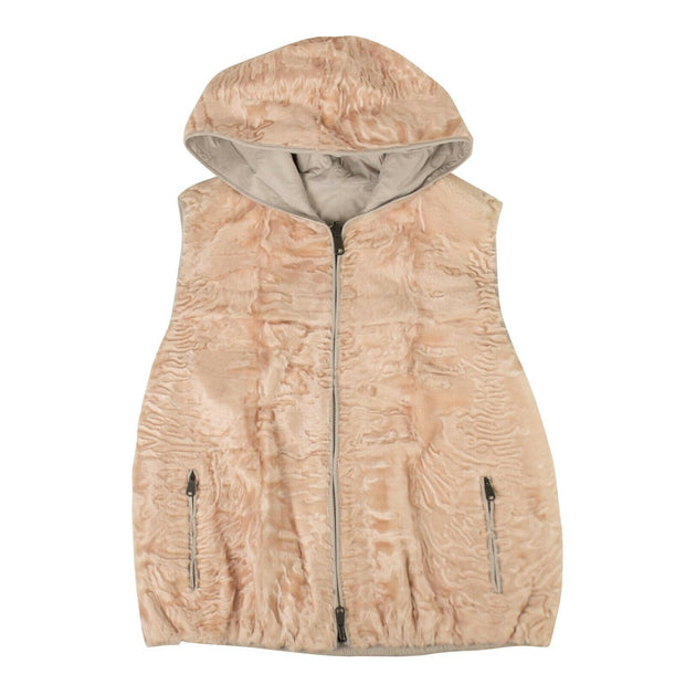 BRUNELLO CUCINELLI Pink Astrakhan Fur Reversible Hooded Vest 40