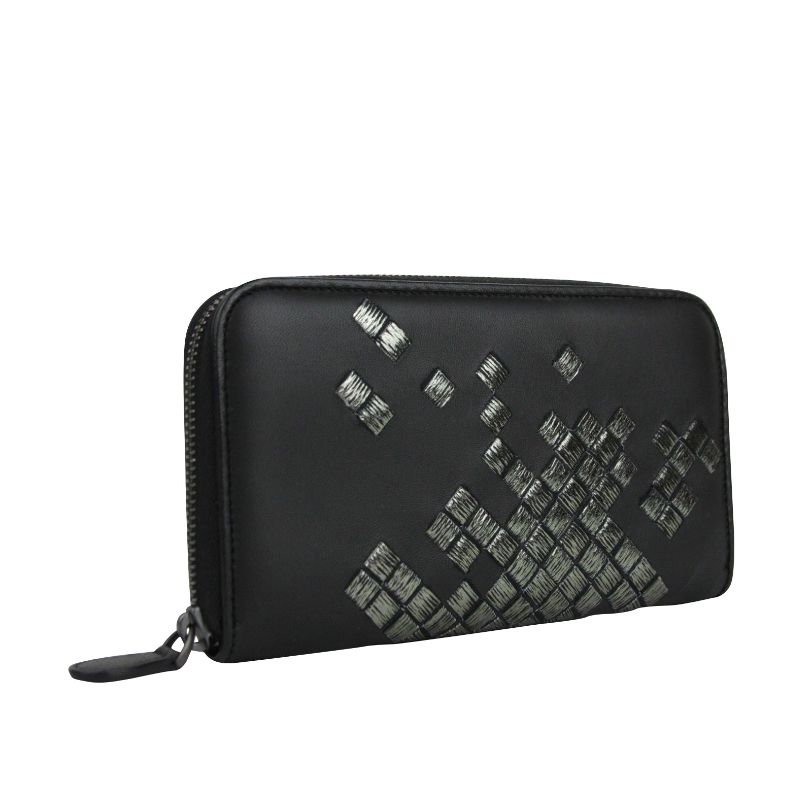 Bottega Veneta Women's Zip Around Black Leather Woven Wallet 114076 11602
