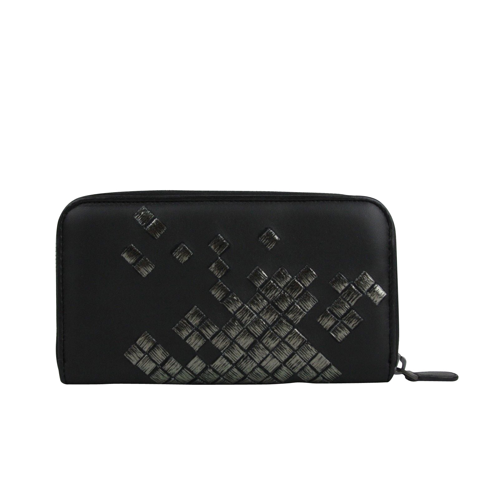 Bottega Veneta Women's Zip Around Black Leather Woven Wallet 114076 11604