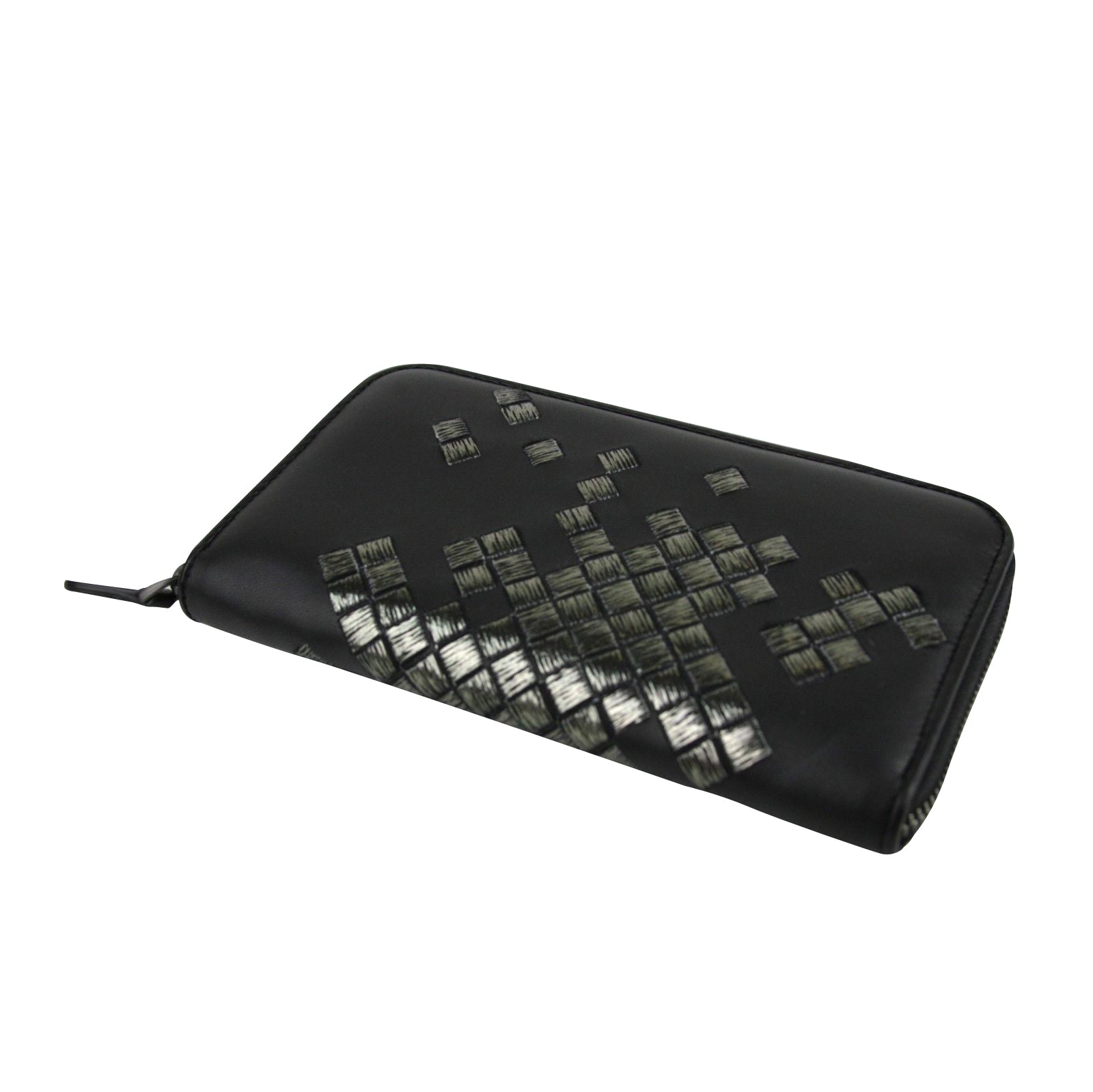 Bottega Veneta Women's Zip Around Black Leather Woven Wallet 114076 11605