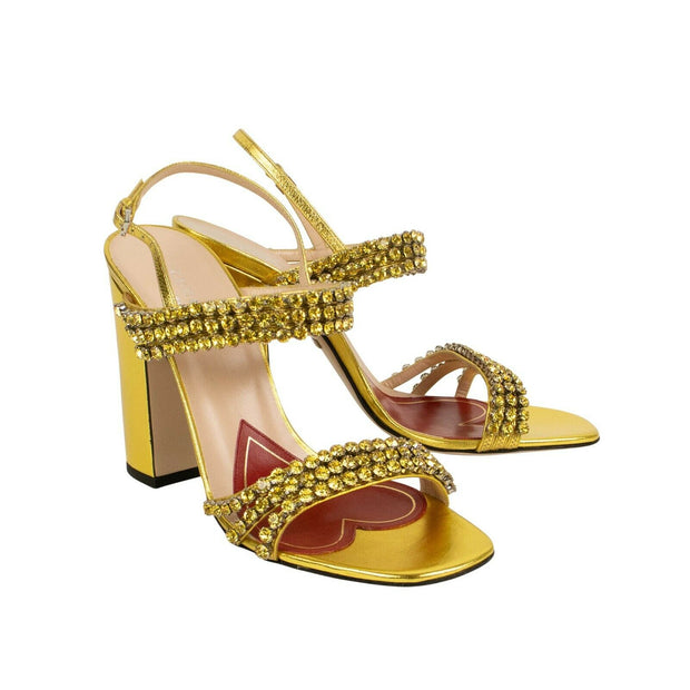 GUCCI Gold Metallic Leather With Crystals Sandals 9/39