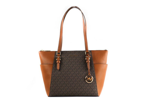 Michael Kors Charlotte Signature Leather Large Top Zip Tote Handbag Bag Women's (Brown)