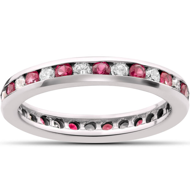 Ruby Diamond Eternity Ring 1 1/2ct Channel Set 14K White Gold Stackble Band