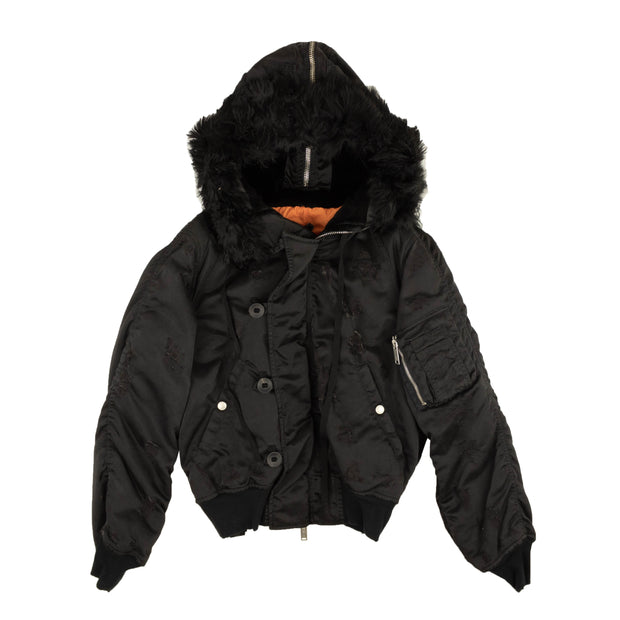 UNRAVEL PROJECT Black Faux Fur Hooded Bomber