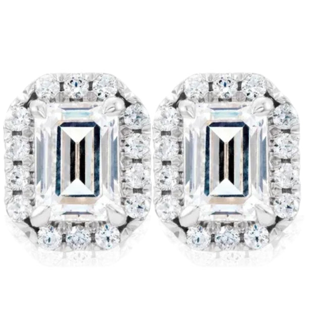 VS 3/4Ct Emerald Moissanite & Lab Grown Diamond Halo Studs White Gold Earrings