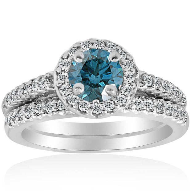 3/4Ct Halo Round Blue Diamond Engagement Matching Wedding Ring Set White Gold