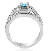 3/4Ct Halo Round Blue Diamond Engagement Matching Wedding Ring Set White Gold
