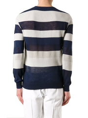 Z ZEGNA Men's Navy Blue Gray Striped Cotton Linen Crewneck Sweater Pullover