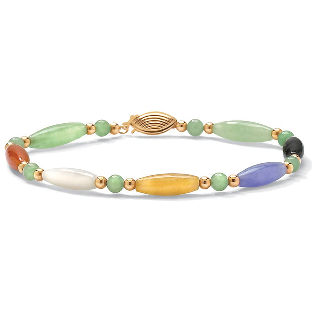 14K Yellow Gold Genuine Multicolor Jade Beaded and Barrel Strand Bracelet (5mm), Fish Hook Clasp, 7.5 inches