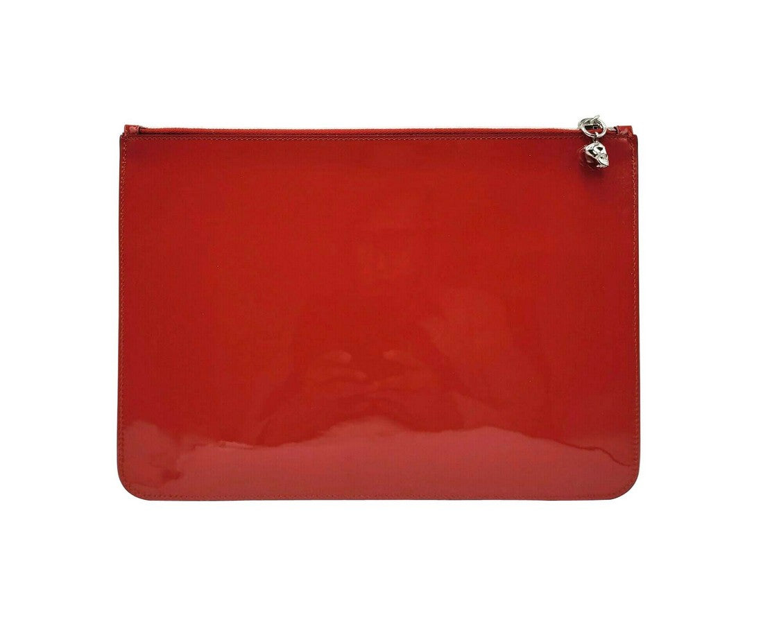 Alexander McQueen Women's Red Charm Patent Leather Silver Skull Large Pouch 420860 62262