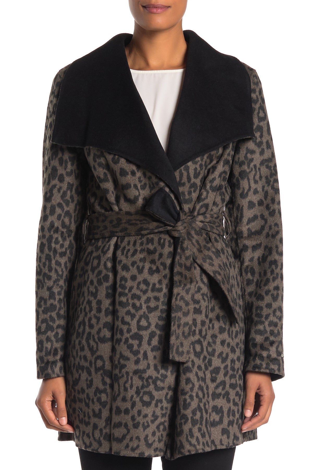 T Tahari Ella Leopard Double Faced Wool Wrap Belted Coat Leopard