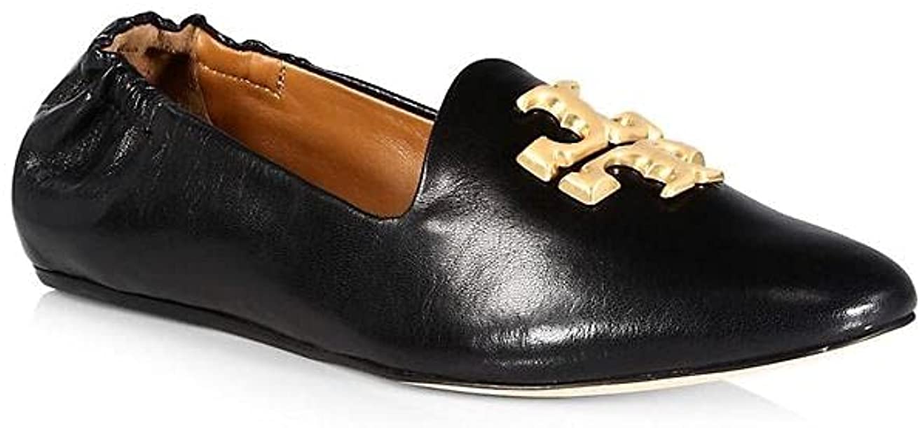 Tory Burch Women's Black Leather Eleanor Logo Buckle Flats Loafers Shoes Black