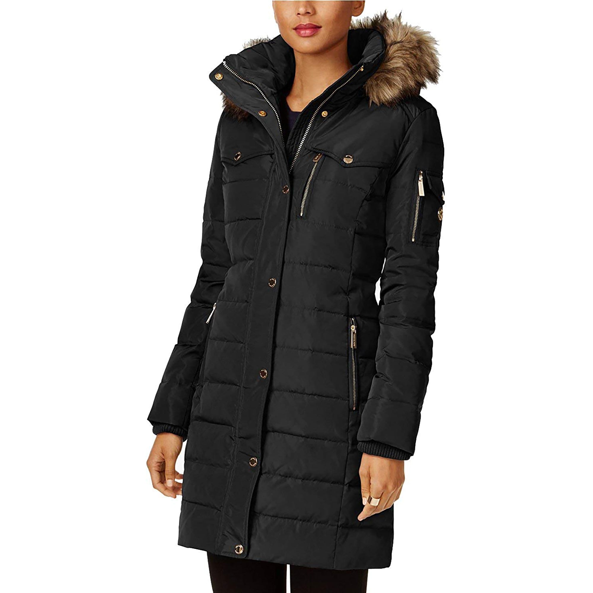 Michael Kors Faux Fur Trim Down Puffer Coat-Black