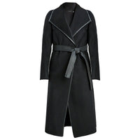 Tahari Women's Black Juliette Double Face Wool Belted Coat with Faux Leather Trim XS Black