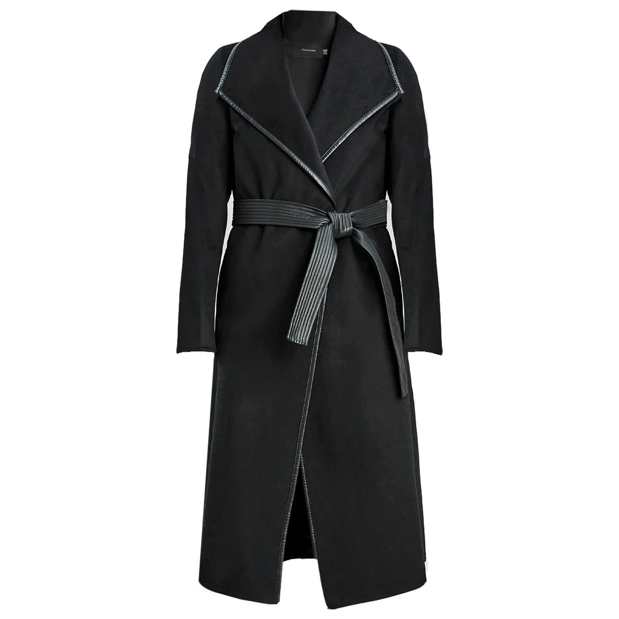 Tahari Women's Black Juliette Double Face Wool Belted Coat with Faux Leather Trim XS Black